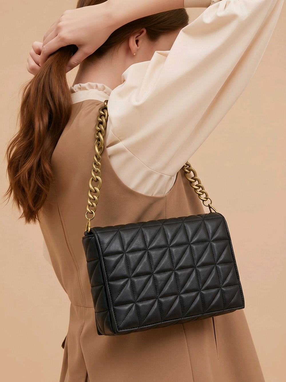 Zara Black Quilted Shoulder Bag with Gold Chain